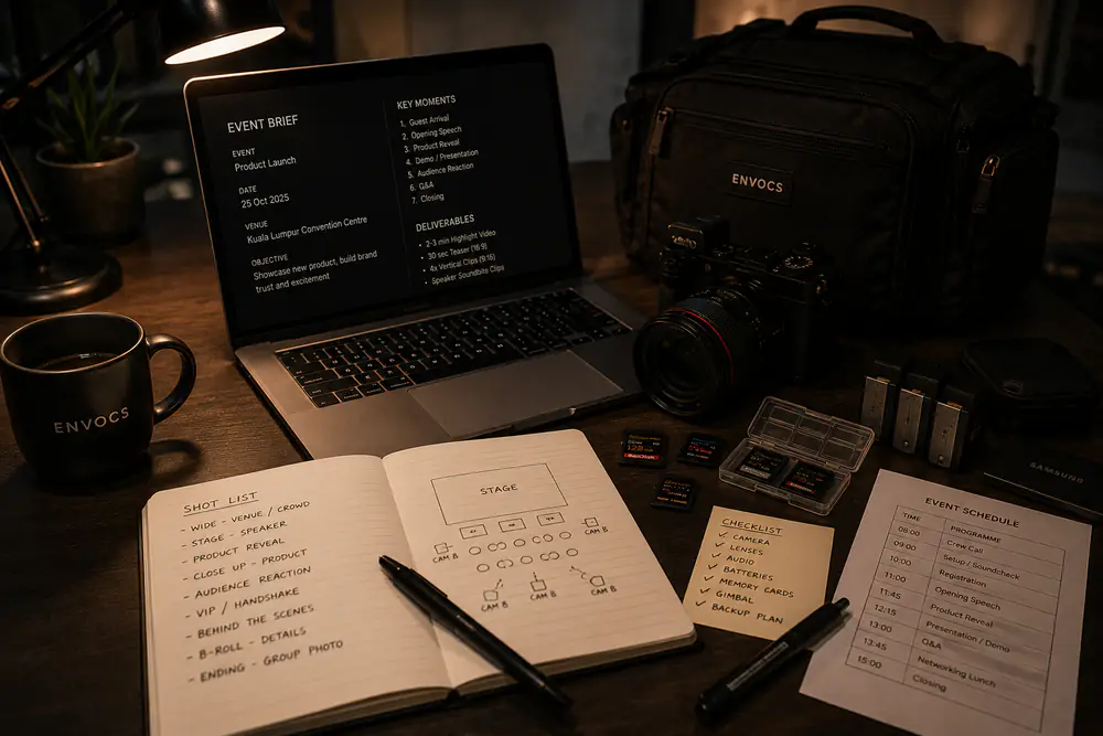 Freelance videographer preparing camera gear, event brief, and shot list before a live event